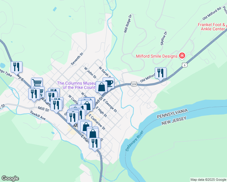 map of restaurants, bars, coffee shops, grocery stores, and more near 801 Broad St in Milford