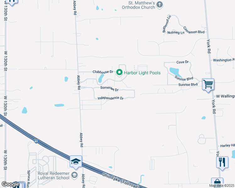 map of restaurants, bars, coffee shops, grocery stores, and more near 93 Somerset Drive in North Royalton