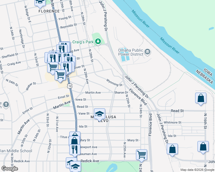map of restaurants, bars, coffee shops, grocery stores, and more near 2735 Wyoming Street in Omaha