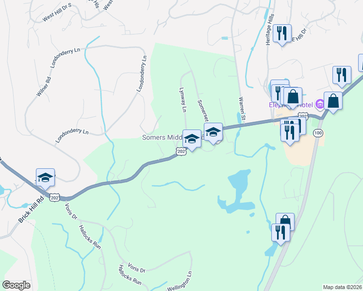 map of restaurants, bars, coffee shops, grocery stores, and more near 2 Old Somers Road in Westchester County