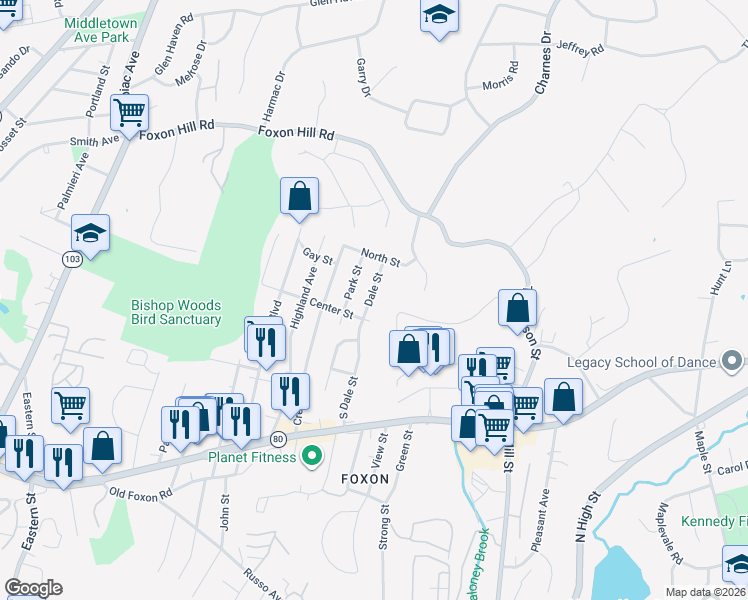 map of restaurants, bars, coffee shops, grocery stores, and more near 47 South Dale Street in East Haven