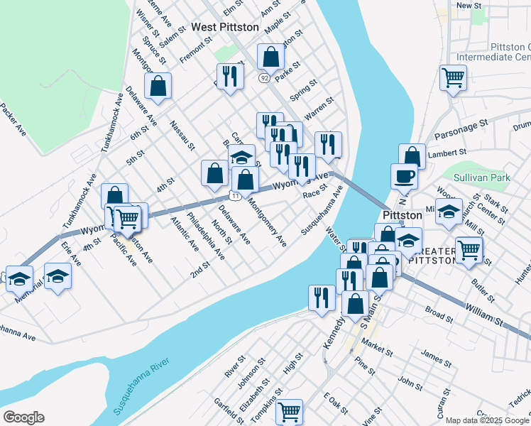 map of restaurants, bars, coffee shops, grocery stores, and more near 342 Excelsior Street in Luzerne County