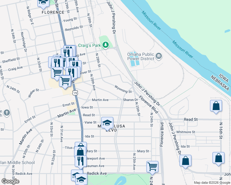 map of restaurants, bars, coffee shops, grocery stores, and more near 2735 Wyoming Street in Omaha