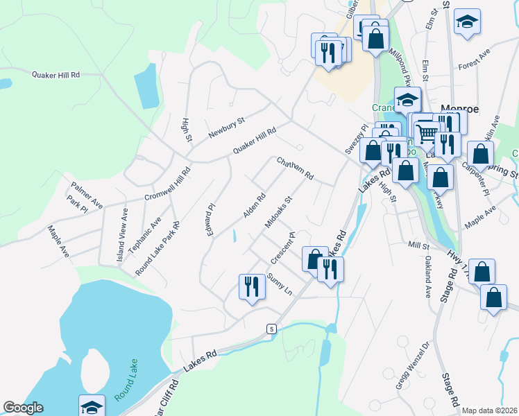 map of restaurants, bars, coffee shops, grocery stores, and more near 19 Alden Road in Monroe