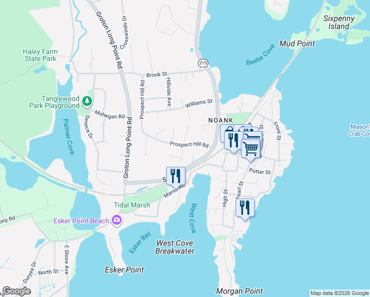 map of restaurants, bars, coffee shops, grocery stores, and more near 72 Prospect Hill Road in Groton
