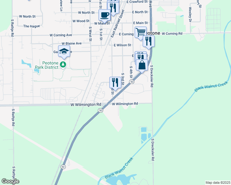 map of restaurants, bars, coffee shops, grocery stores, and more near 479 South 2nd Street in Peotone