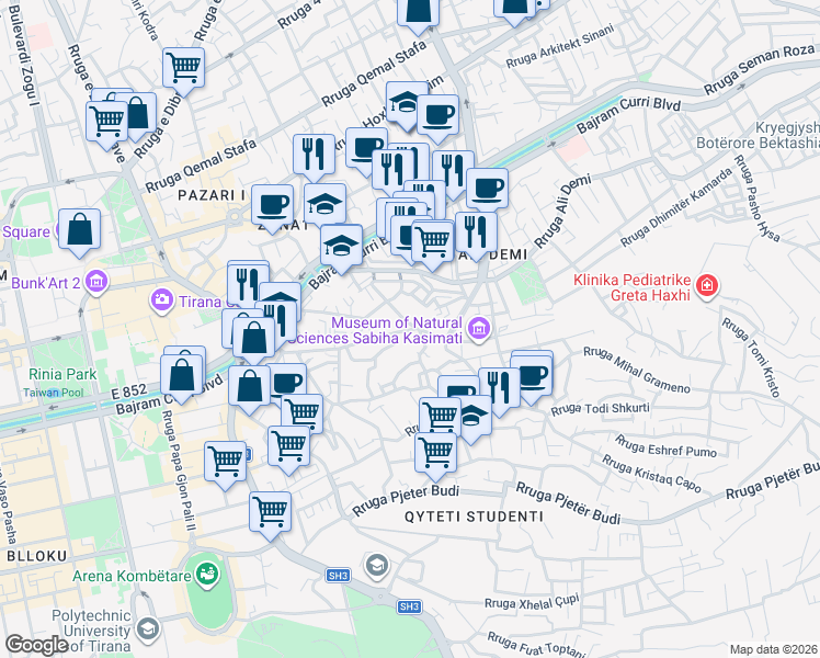 map of restaurants, bars, coffee shops, grocery stores, and more near Rruga Petro Nini Luarasi in Tirana