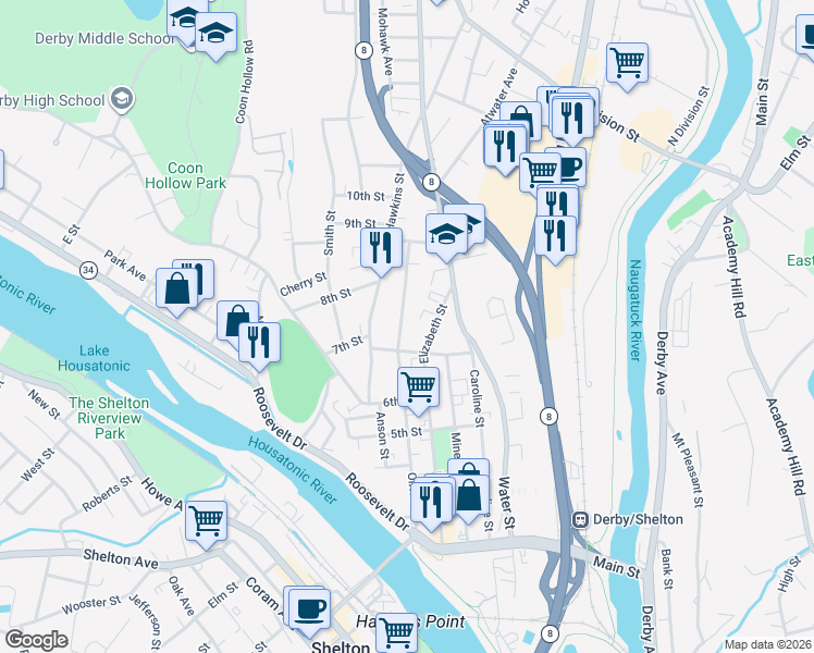 map of restaurants, bars, coffee shops, grocery stores, and more near 265 Olivia Street in Derby