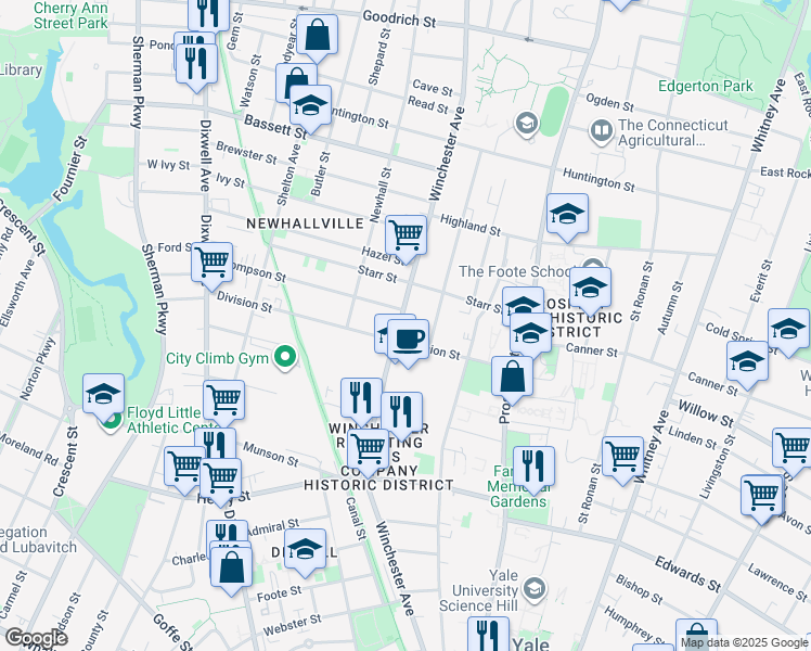 map of restaurants, bars, coffee shops, grocery stores, and more near 503 Winchester Avenue in New Haven