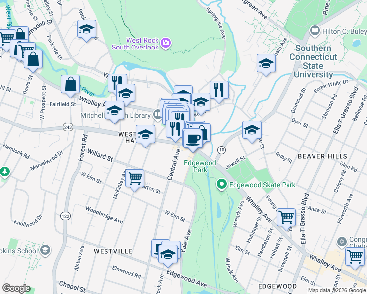 map of restaurants, bars, coffee shops, grocery stores, and more near 22 Fountain Street in New Haven