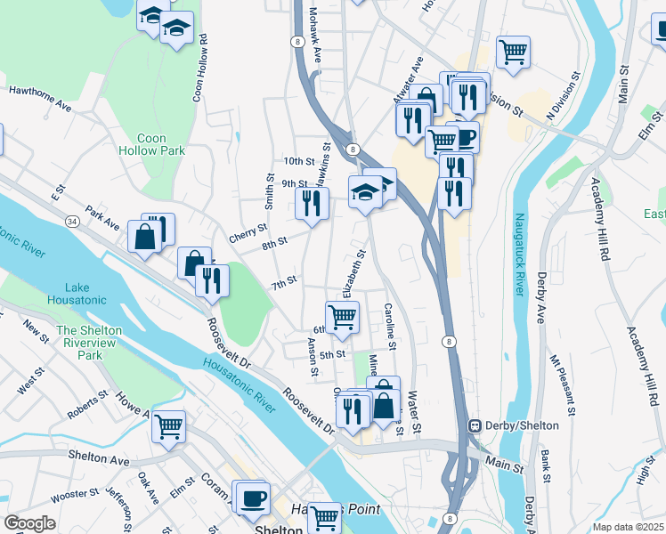 map of restaurants, bars, coffee shops, grocery stores, and more near 253 Olivia Street in Derby