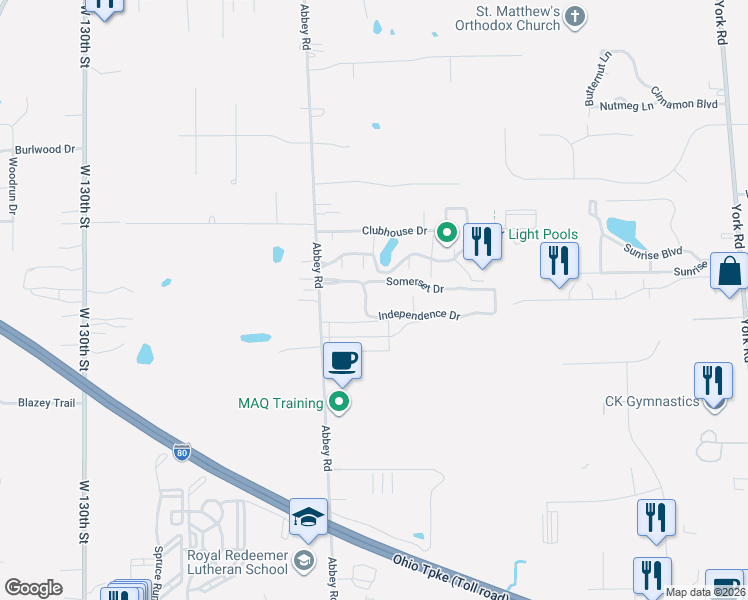 map of restaurants, bars, coffee shops, grocery stores, and more near 11560 Somerset Drive in North Royalton