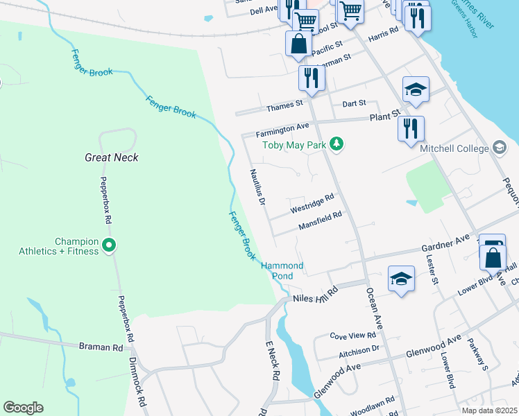map of restaurants, bars, coffee shops, grocery stores, and more near 239 Nautilus Drive in New London