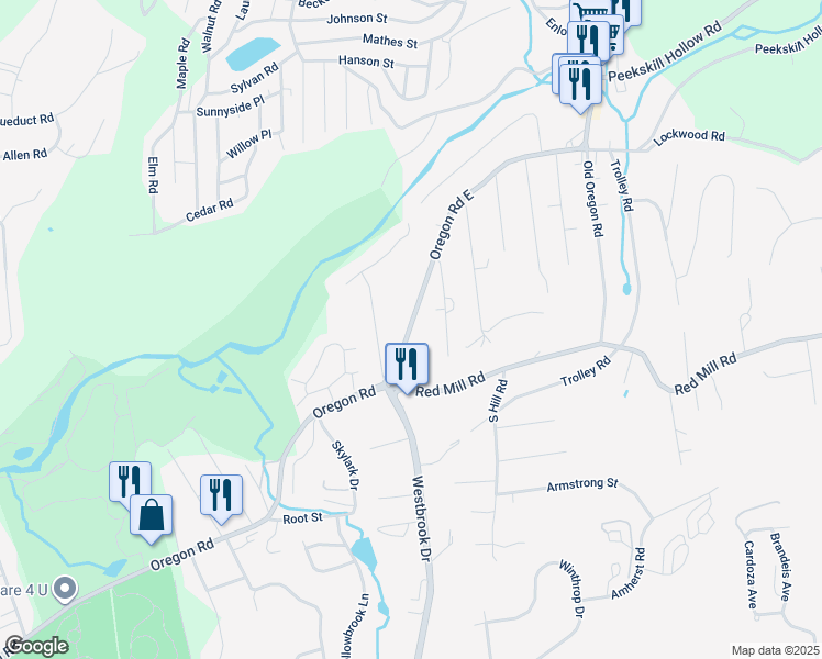 map of restaurants, bars, coffee shops, grocery stores, and more near 1137 Oregon Road East in Cortlandt