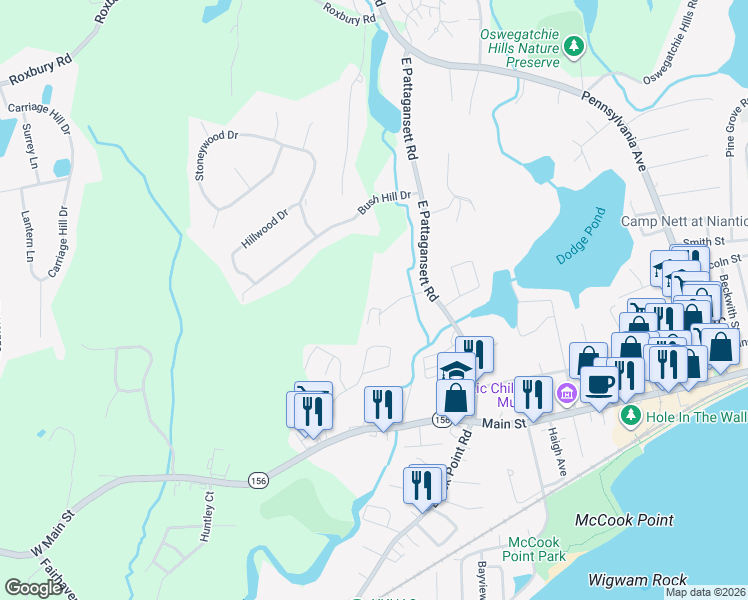 map of restaurants, bars, coffee shops, grocery stores, and more near 19 Brook Road in East Lyme