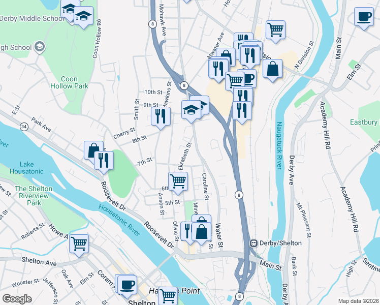 map of restaurants, bars, coffee shops, grocery stores, and more near 313 Elizabeth Street in Derby