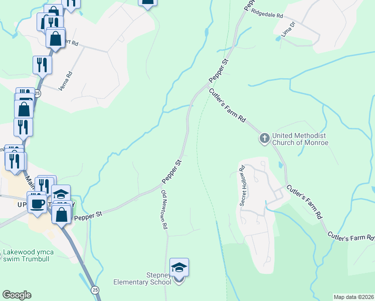 map of restaurants, bars, coffee shops, grocery stores, and more near 166 Pepper Street in Monroe