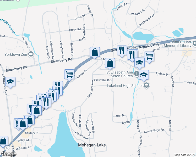 map of restaurants, bars, coffee shops, grocery stores, and more near 1458 Mohawk Road in Mohegan Lake