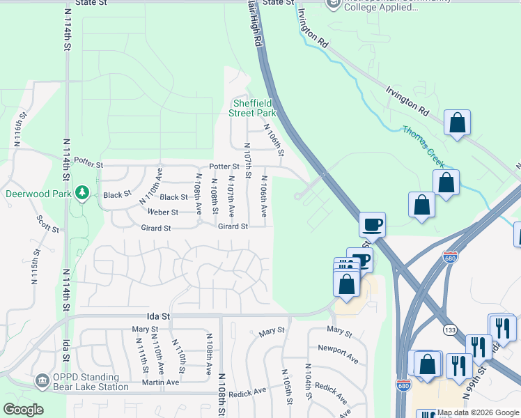 map of restaurants, bars, coffee shops, grocery stores, and more near 7407 North 107th Street in Omaha