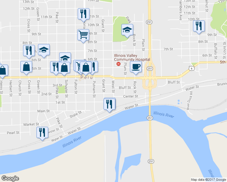 map of restaurants, bars, coffee shops, grocery stores, and more near 626 West Street in Peru