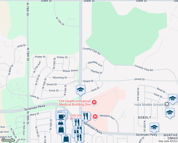 map of restaurants, bars, coffee shops, grocery stores, and more near 7073 Starlite Drive in Omaha