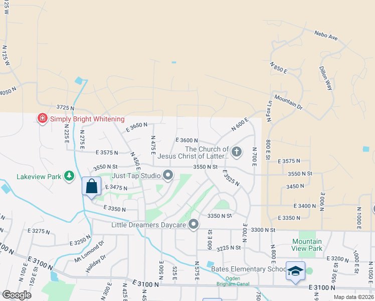 map of restaurants, bars, coffee shops, grocery stores, and more near 539 East 3600 North in Ogden