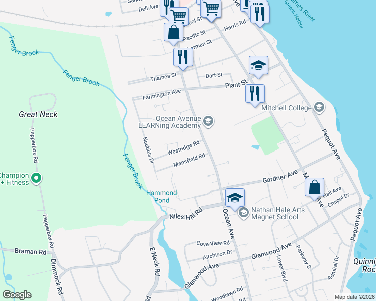map of restaurants, bars, coffee shops, grocery stores, and more near 33 Westridge Road in New London