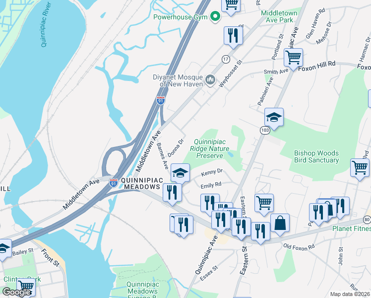 map of restaurants, bars, coffee shops, grocery stores, and more near 40 Donna Drive in New Haven