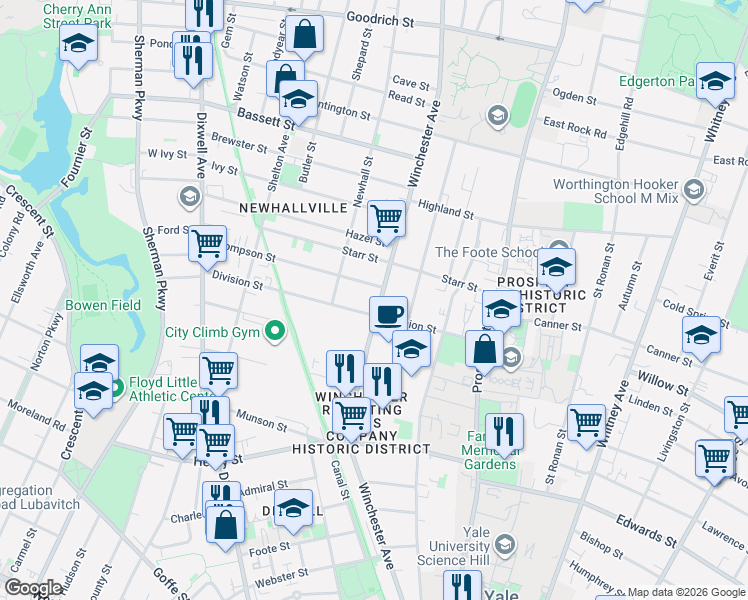 map of restaurants, bars, coffee shops, grocery stores, and more near 32 Thompson Street in New Haven
