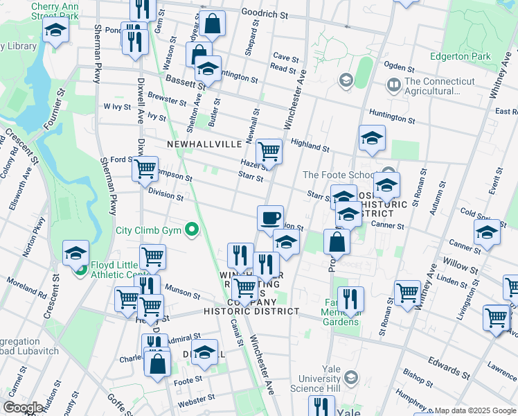 map of restaurants, bars, coffee shops, grocery stores, and more near 32 Thompson Street in New Haven