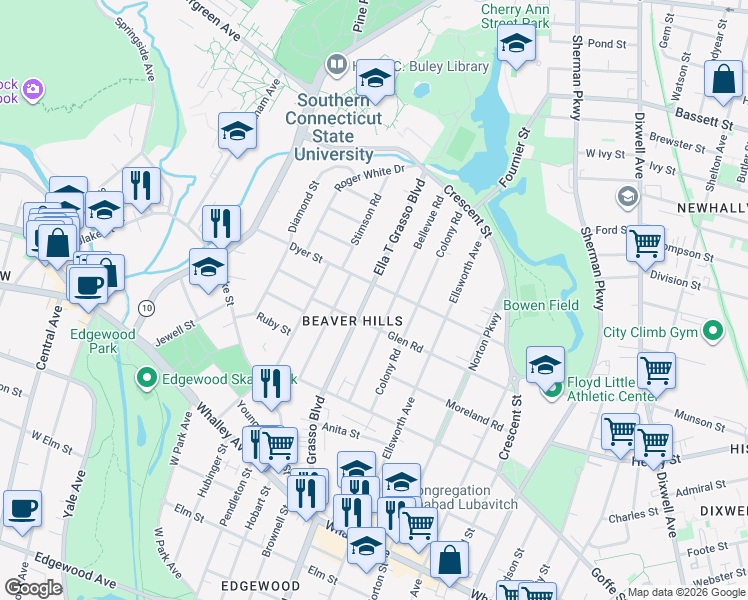 map of restaurants, bars, coffee shops, grocery stores, and more near 1745 Ella T Grasso Boulevard in New Haven