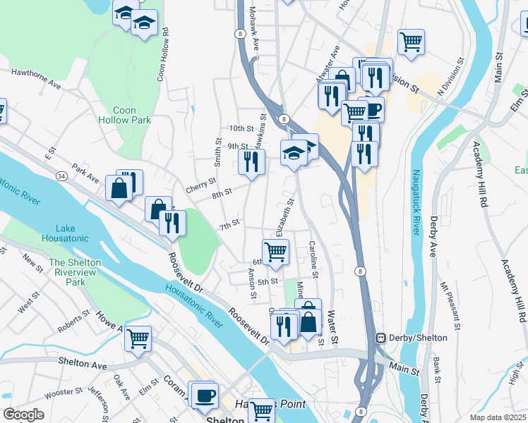 map of restaurants, bars, coffee shops, grocery stores, and more near 265 Olivia Street in Derby
