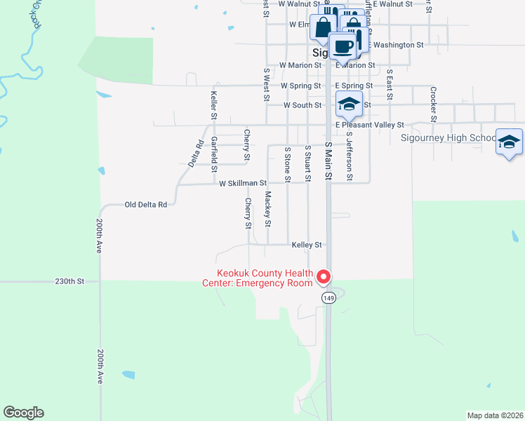 map of restaurants, bars, coffee shops, grocery stores, and more near 801-1025 Cherry Street in Sigourney