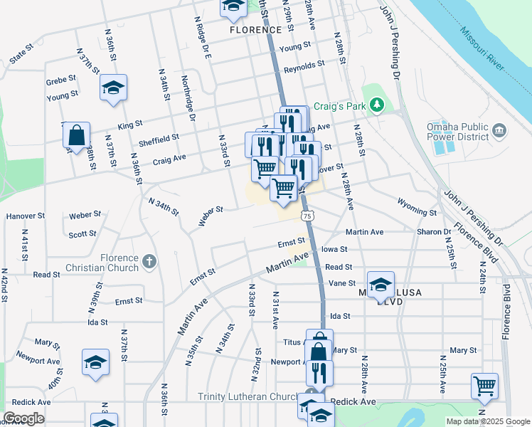 map of restaurants, bars, coffee shops, grocery stores, and more near 7408 North 30th Street in Omaha