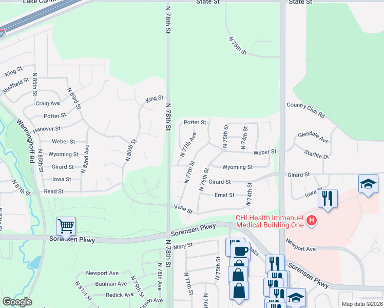 map of restaurants, bars, coffee shops, grocery stores, and more near 7409 North 77th Avenue in Omaha