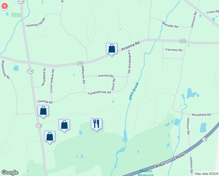 map of restaurants, bars, coffee shops, grocery stores, and more near 8 Inwood Road in Woodbridge
