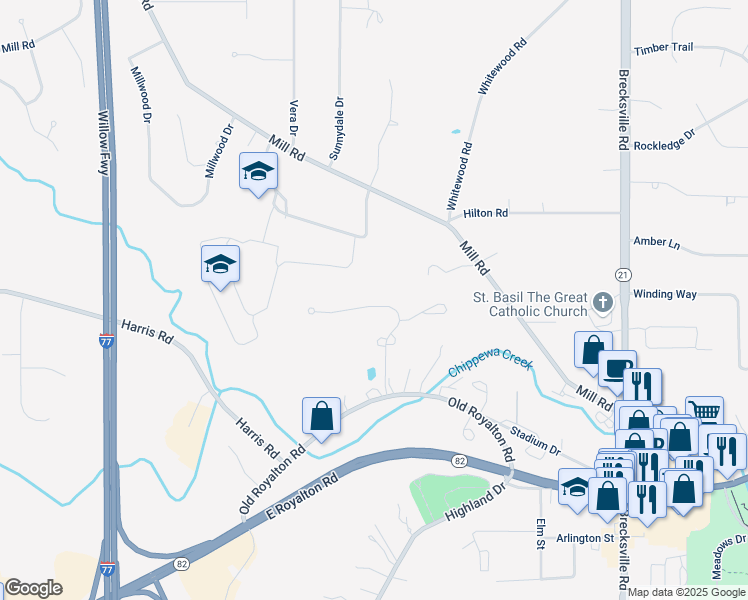 map of restaurants, bars, coffee shops, grocery stores, and more near 8063 Long Forest Drive in Brecksville