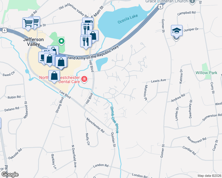 map of restaurants, bars, coffee shops, grocery stores, and more near 52 Jefferson Oval in Yorktown Heights