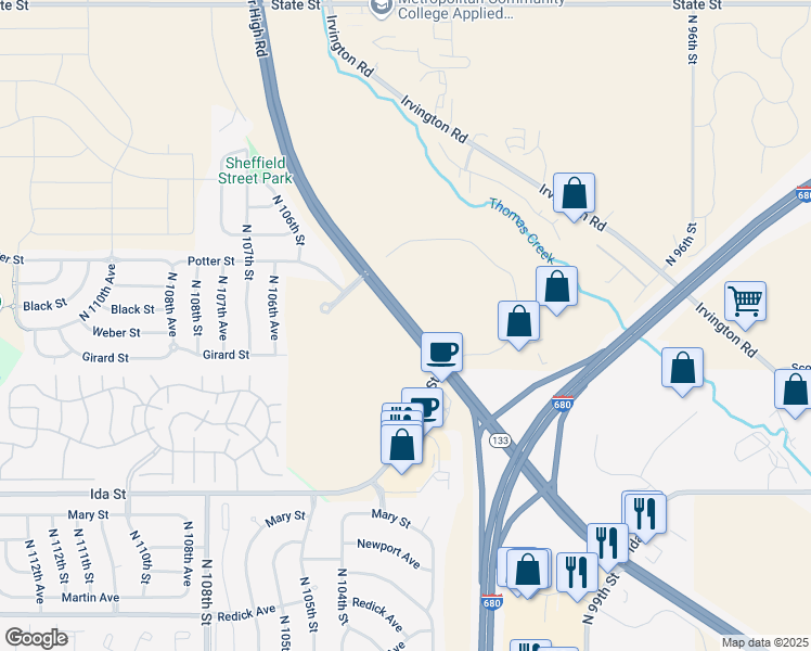 map of restaurants, bars, coffee shops, grocery stores, and more near 7450 Blair High Road in Omaha