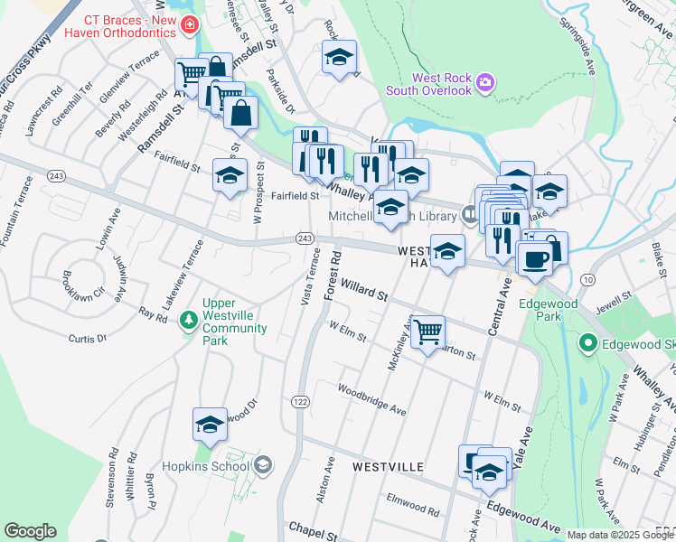 map of restaurants, bars, coffee shops, grocery stores, and more near 234 Fountain Street in New Haven