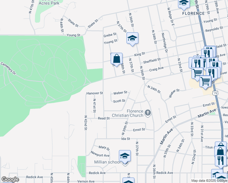 map of restaurants, bars, coffee shops, grocery stores, and more near 3984 Weber Street in Omaha