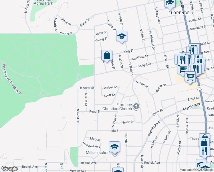 map of restaurants, bars, coffee shops, grocery stores, and more near 3984 Weber Street in Omaha