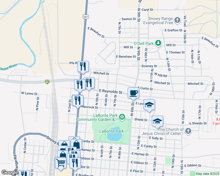 map of restaurants, bars, coffee shops, grocery stores, and more near 1564-1570 North 6th Street in Laramie