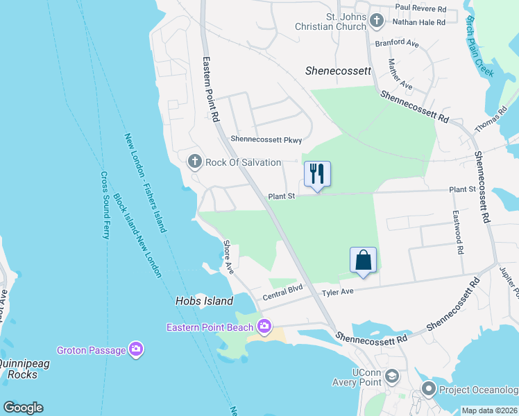 map of restaurants, bars, coffee shops, grocery stores, and more near 829 Eastern Point Road in Groton