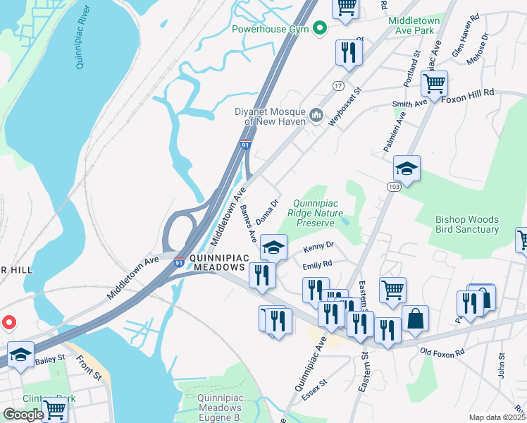 map of restaurants, bars, coffee shops, grocery stores, and more near 40 Donna Drive in New Haven