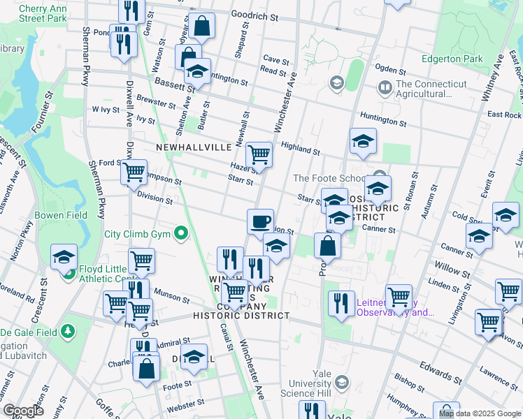 map of restaurants, bars, coffee shops, grocery stores, and more near 527 Winchester Avenue in New Haven