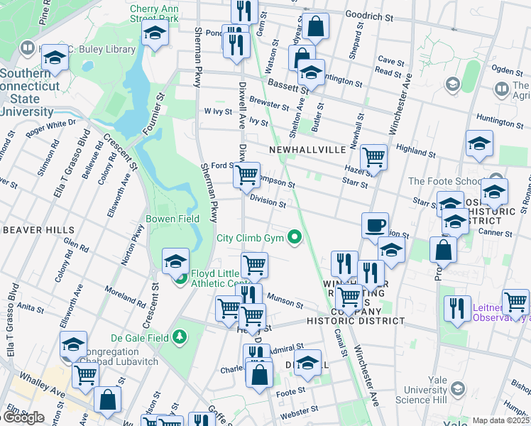 map of restaurants, bars, coffee shops, grocery stores, and more near 487 Dixwell Avenue in New Haven