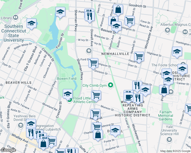 map of restaurants, bars, coffee shops, grocery stores, and more near 487 Dixwell Avenue in New Haven