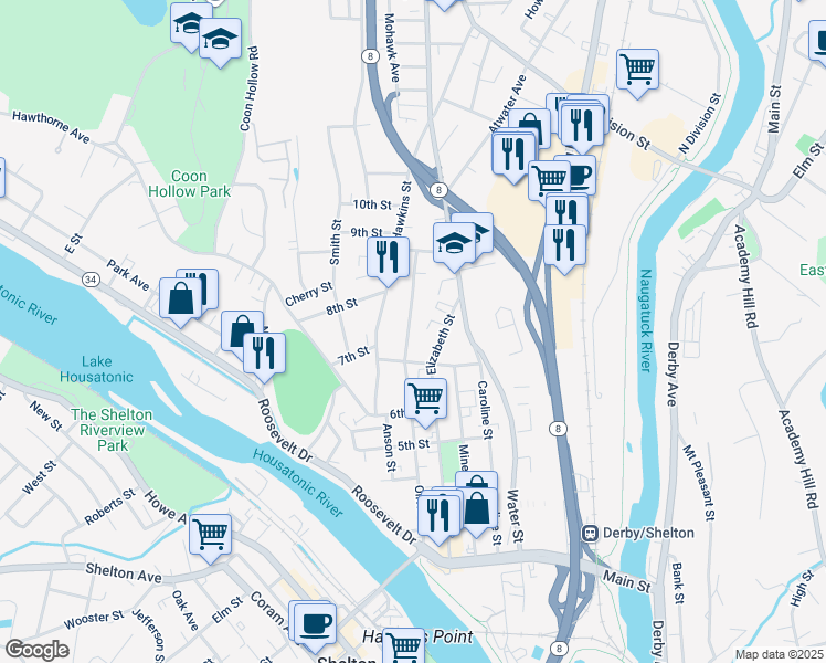 map of restaurants, bars, coffee shops, grocery stores, and more near 265 Olivia Street in Derby