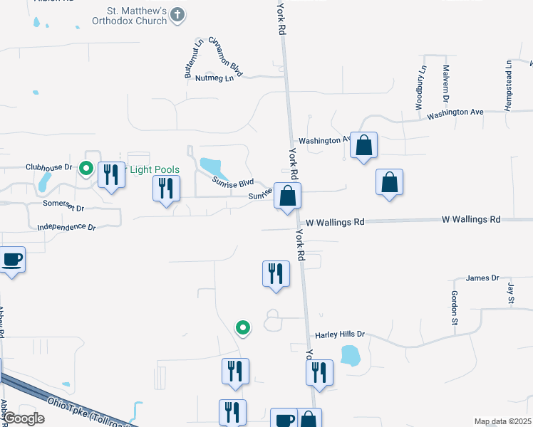 map of restaurants, bars, coffee shops, grocery stores, and more near 10055 Independence Drive in North Royalton